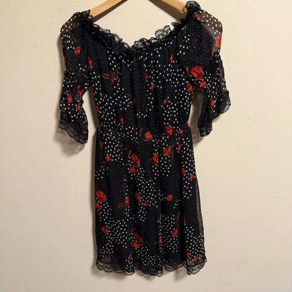 The Kooples Popi Pop Floral Chiffon Lace Trim Off Shoulder Dress- Size 1 (Small) - Picture 3 of 10